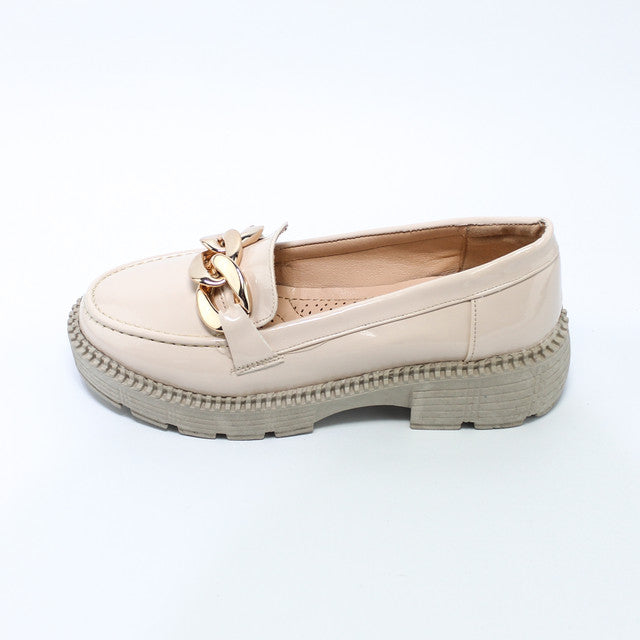 Faux Leather Chain Detail Loafers – Beige