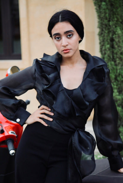 Organza Ruffled Wrap Blouse – Black