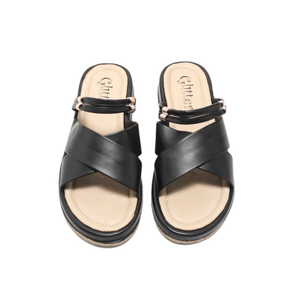 Faux Leather Stylish Slippers - Black