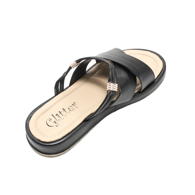 Faux Leather Stylish Slippers - Black