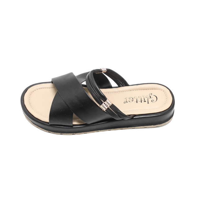 Faux Leather Stylish Slippers - Black