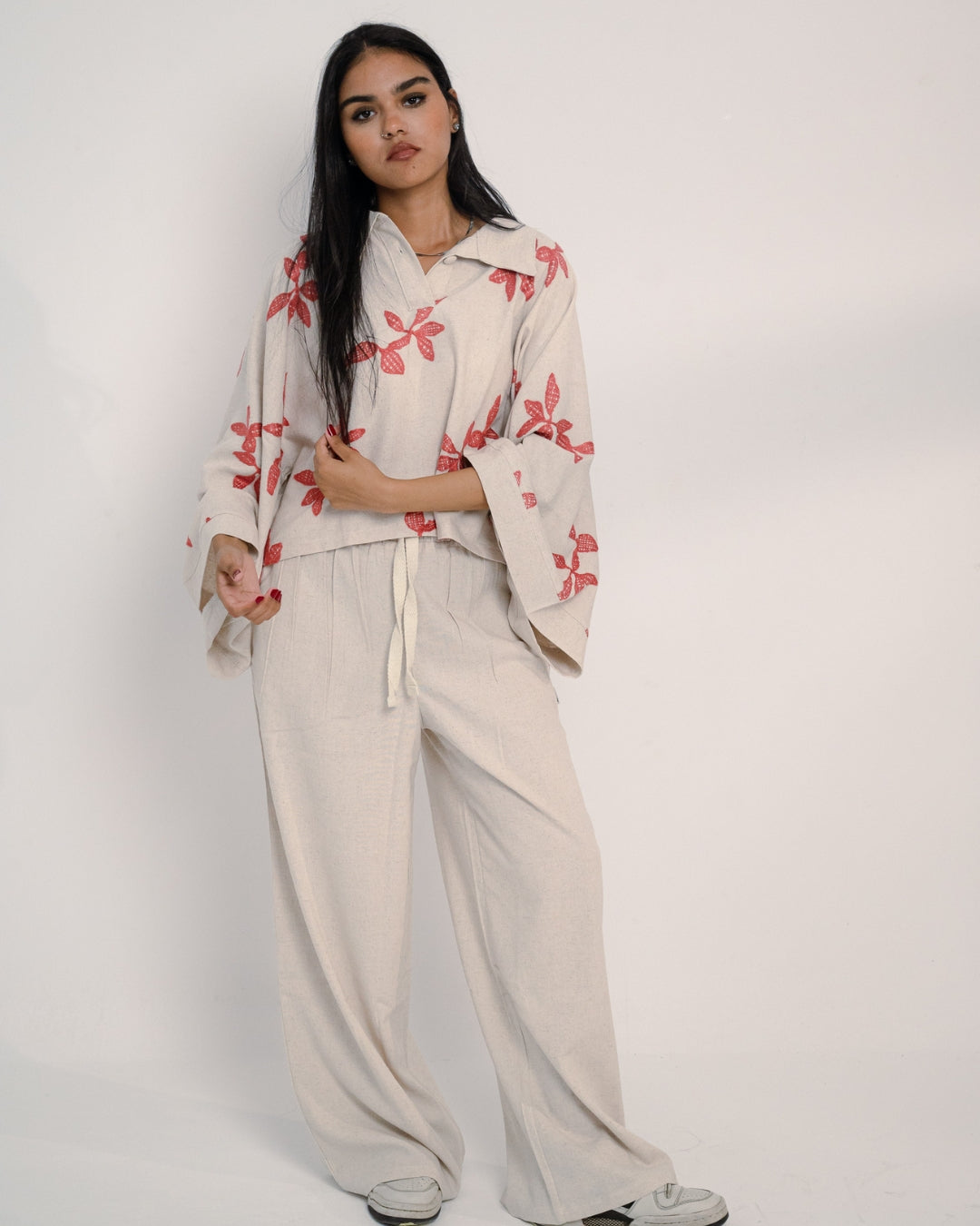 Linen Oversized Embroidered Two-Piece Set – Beige