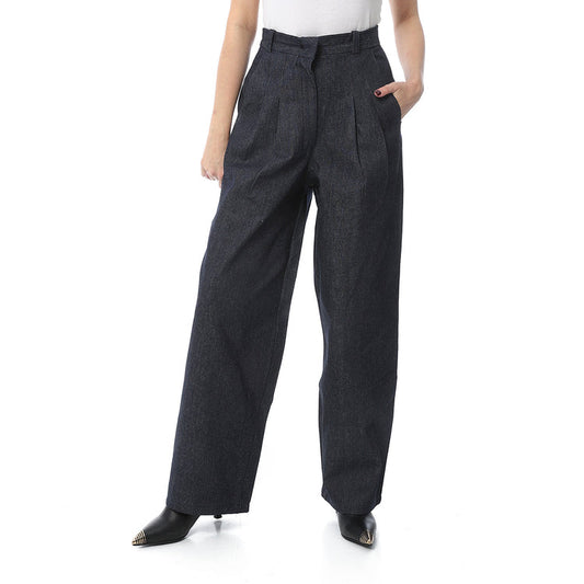 Wool Blend Plain Wide-Leg Trousers - Dark Grey