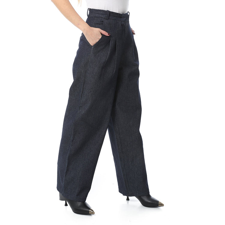 Wool Blend Plain Wide-Leg Trousers - Dark Grey