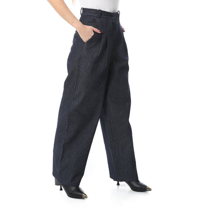 Wool Blend Plain Wide-Leg Trousers - Dark Grey