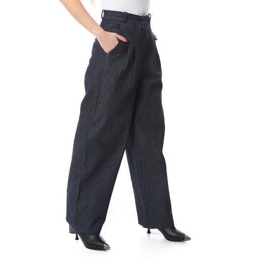 Wool Blend Plain Wide-Leg Trousers - Dark Grey