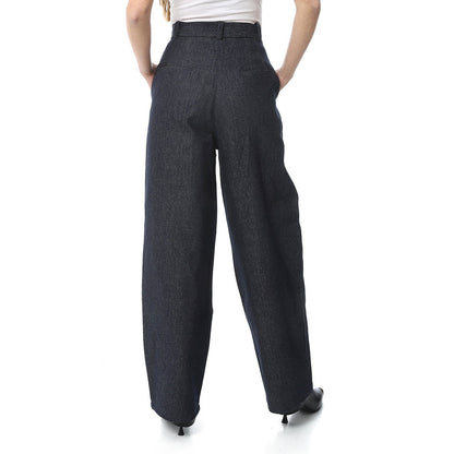 Wool Blend Plain Wide-Leg Trousers - Dark Grey