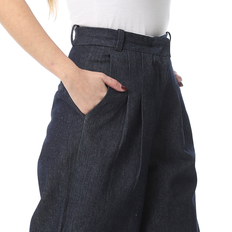 Wool Blend Plain Wide-Leg Trousers - Dark Grey