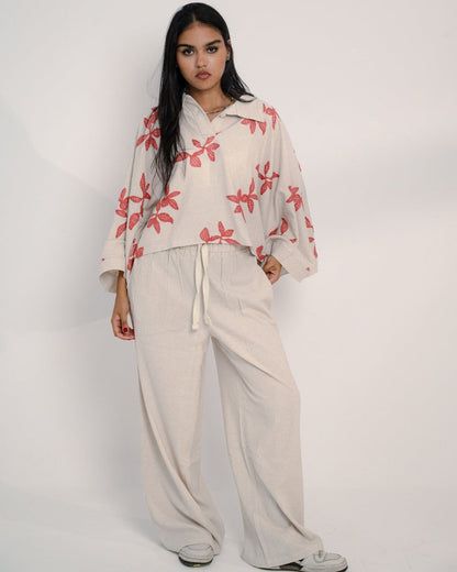 Linen Oversized Embroidered Two-Piece Set – Beige