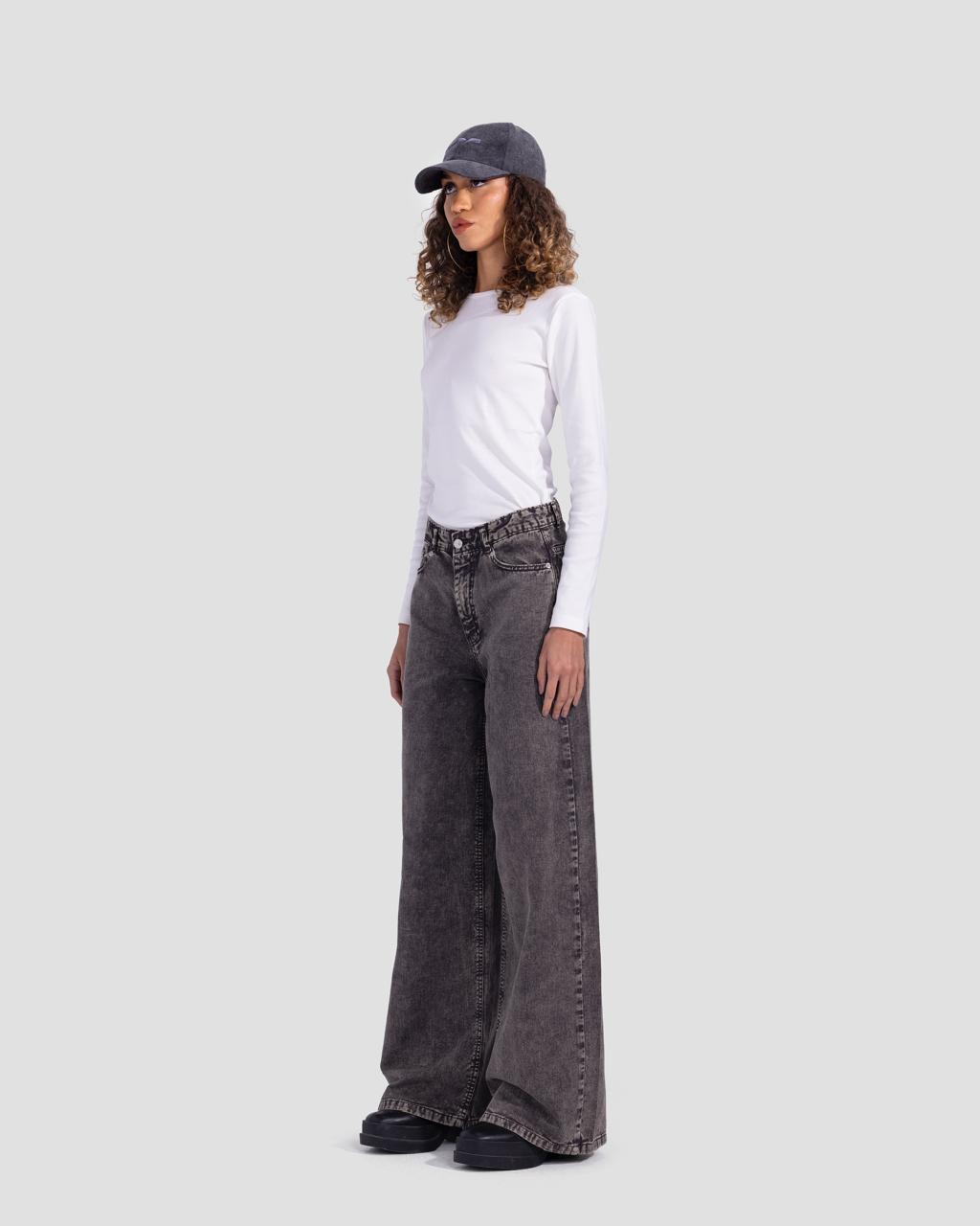 Denim Basic Wide-Leg Pants - Grey