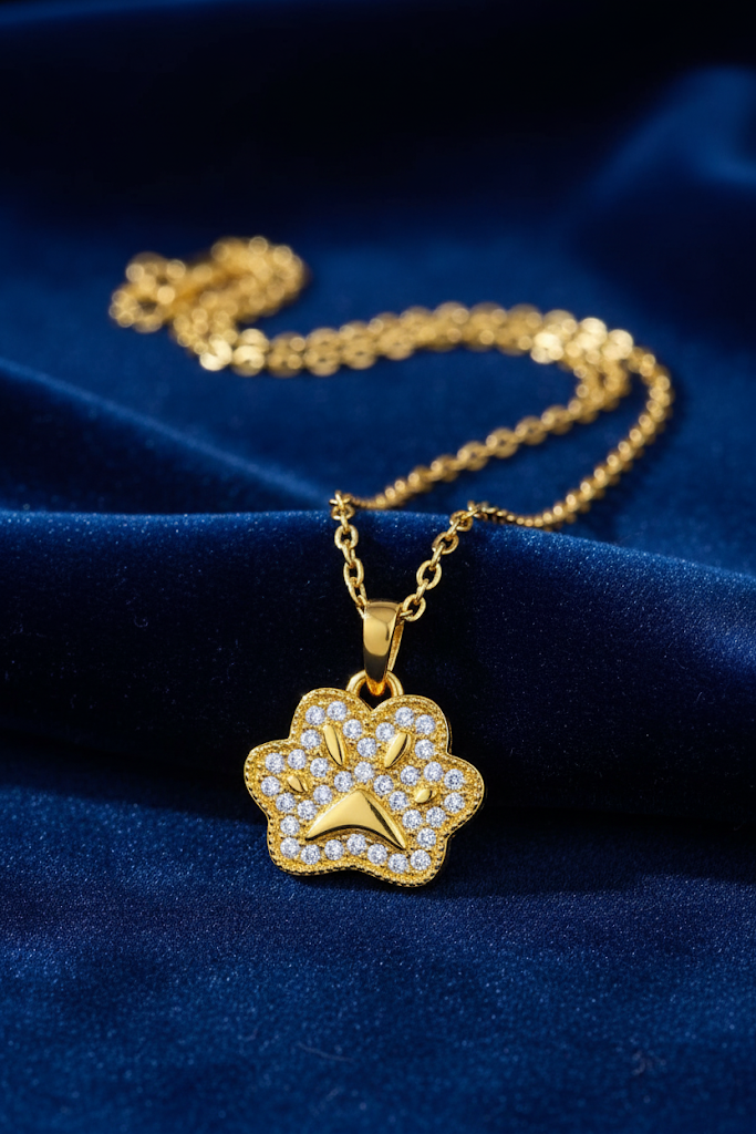 Stainless Steel Crystal Paw Print Pendant Necklace – Gold