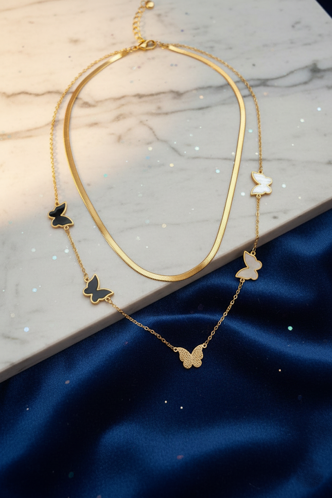 Stainless Steel Double-Layer Butterfly Charm Necklace – Gold
