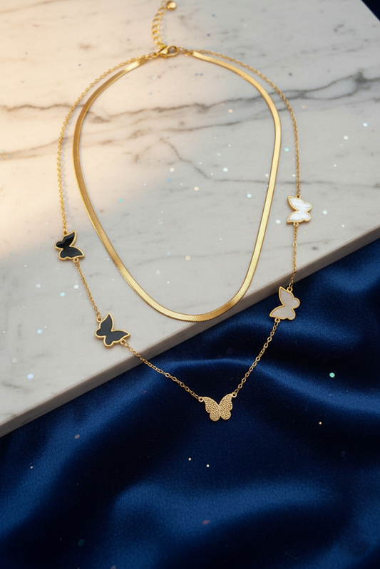 Stainless Steel Double-Layer Butterfly Charm Necklace – Gold