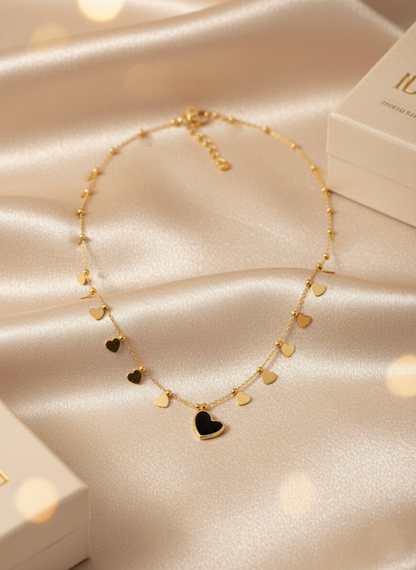 Stainless Steel Heart Pendant Necklace with Black Charm – Gold