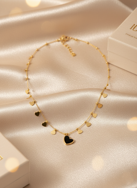 Stainless Steel Heart Pendant Necklace with Black Charm – Gold
