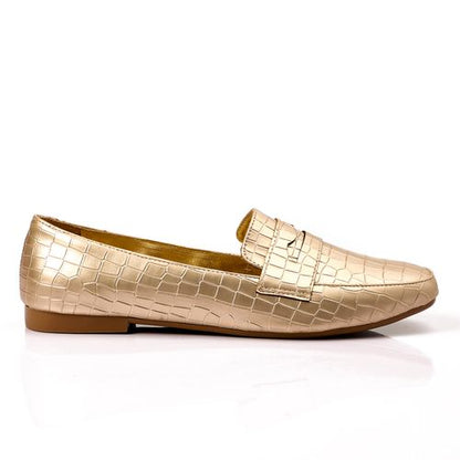 Faux Leather Croc-Pattern Loafers – Gold