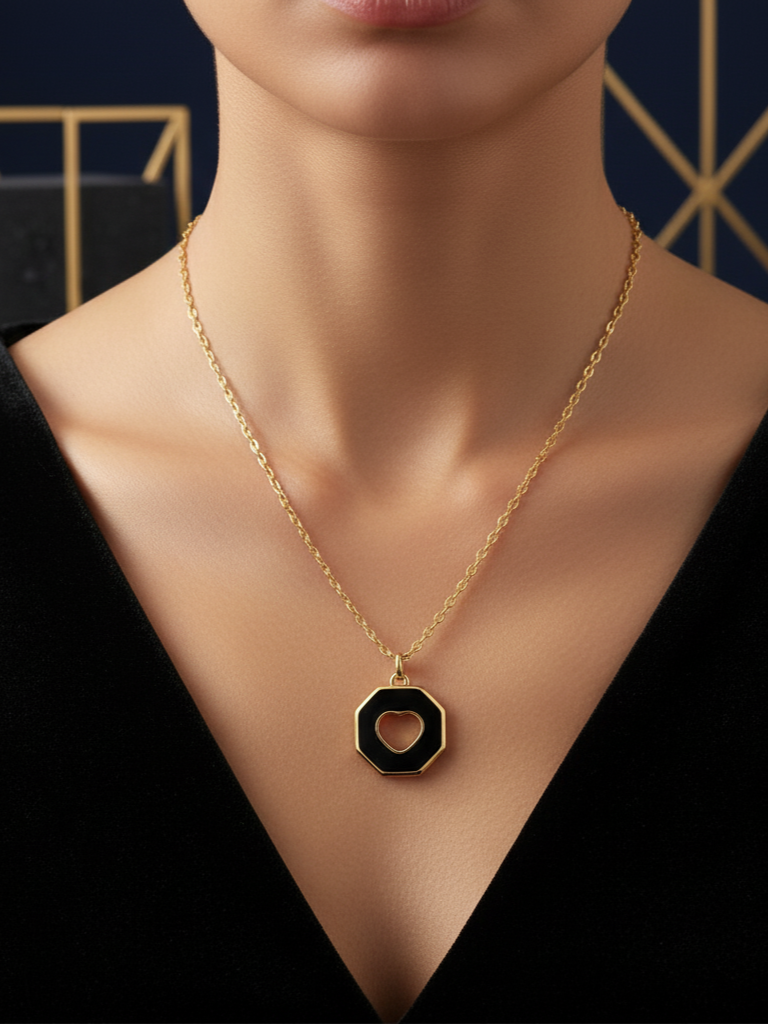 Stainless Steel Octagonal Heart Cut-Out Pendant Necklace – Gold