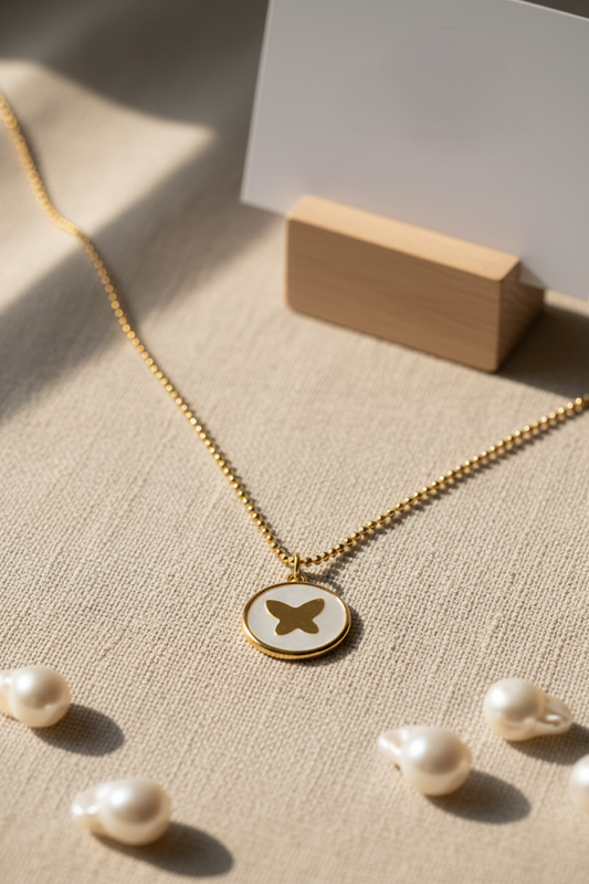 Stainless Steel Circular Butterfly Pendant Necklace – Gold