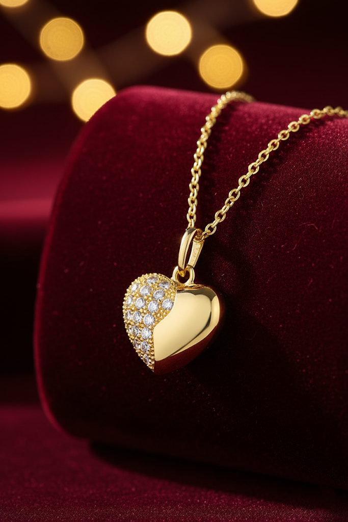Stainless Steel Half Crystal Heart Pendant Necklace – Gold