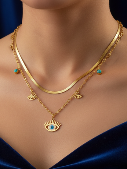 Stainless Steel Layered Evil Eye Charm Necklace – Gold
