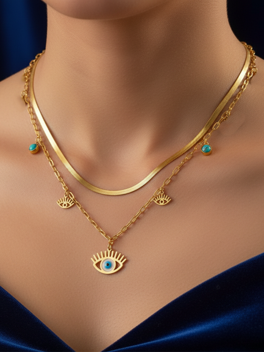 Stainless Steel Layered Evil Eye Charm Necklace – Gold