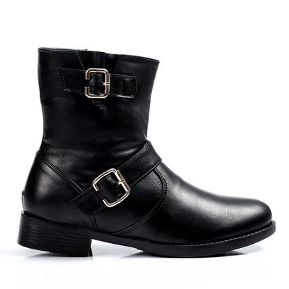 Leather Half-Length Buckle Strap Boots – Black