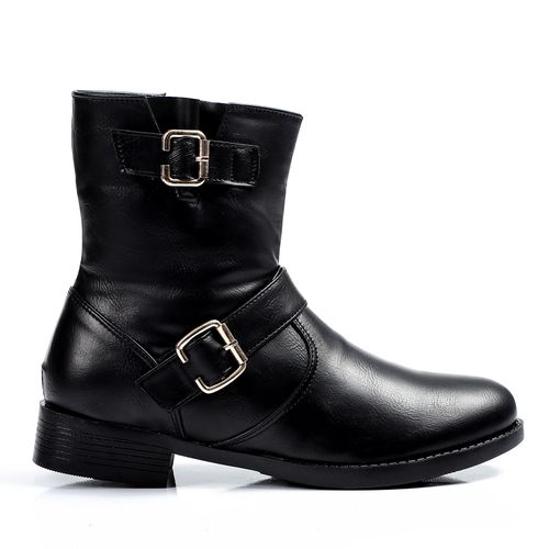 Leather Half-Length Buckle Strap Boots – Black
