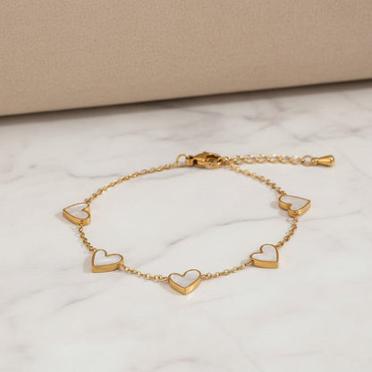 Stainless Steel White Heart Charm Bracelet – Gold