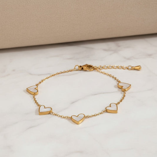 Stainless Steel White Heart Charm Bracelet – Gold