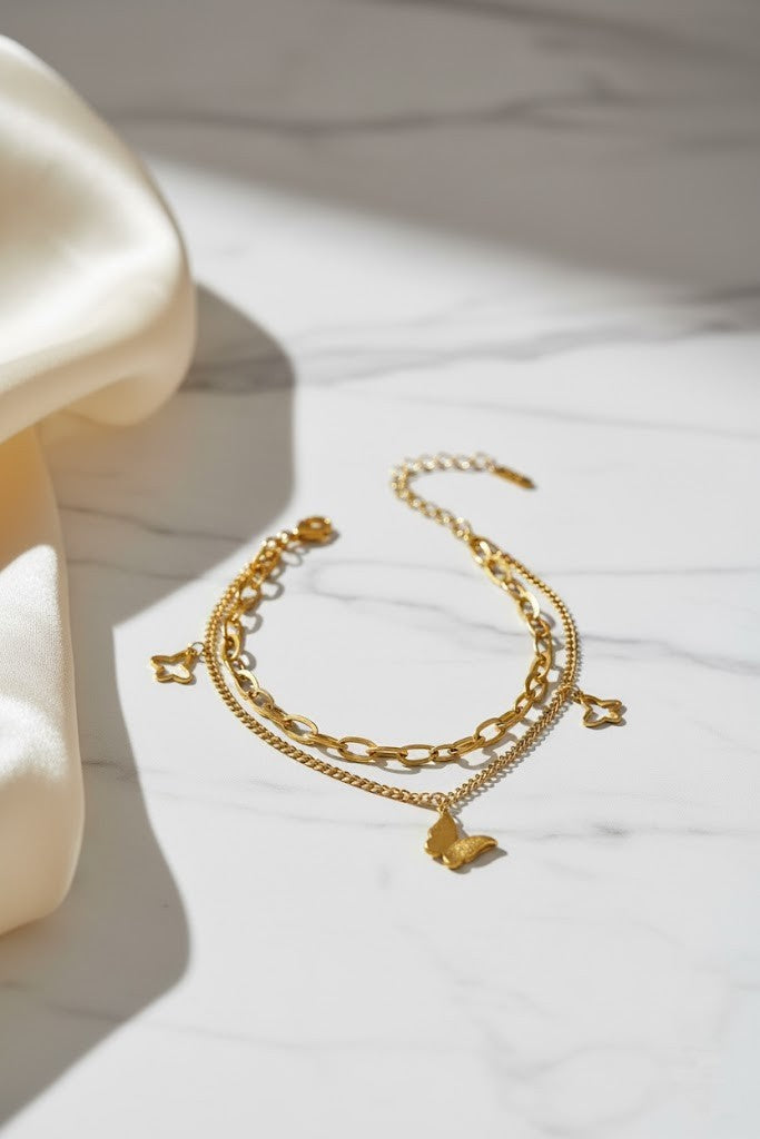 Stainless Steel Double Layer Butterfly Charm Bracelet – Gold