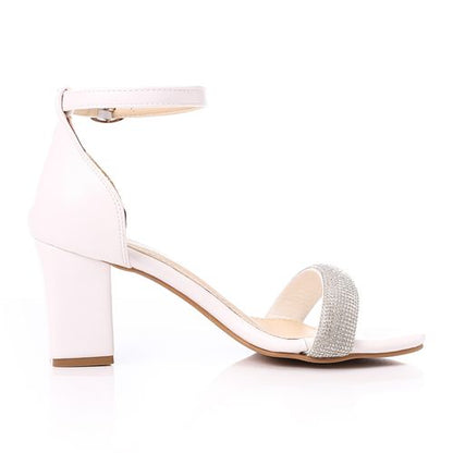 Faux Leather Diamante Ankle Strap Sandals - White