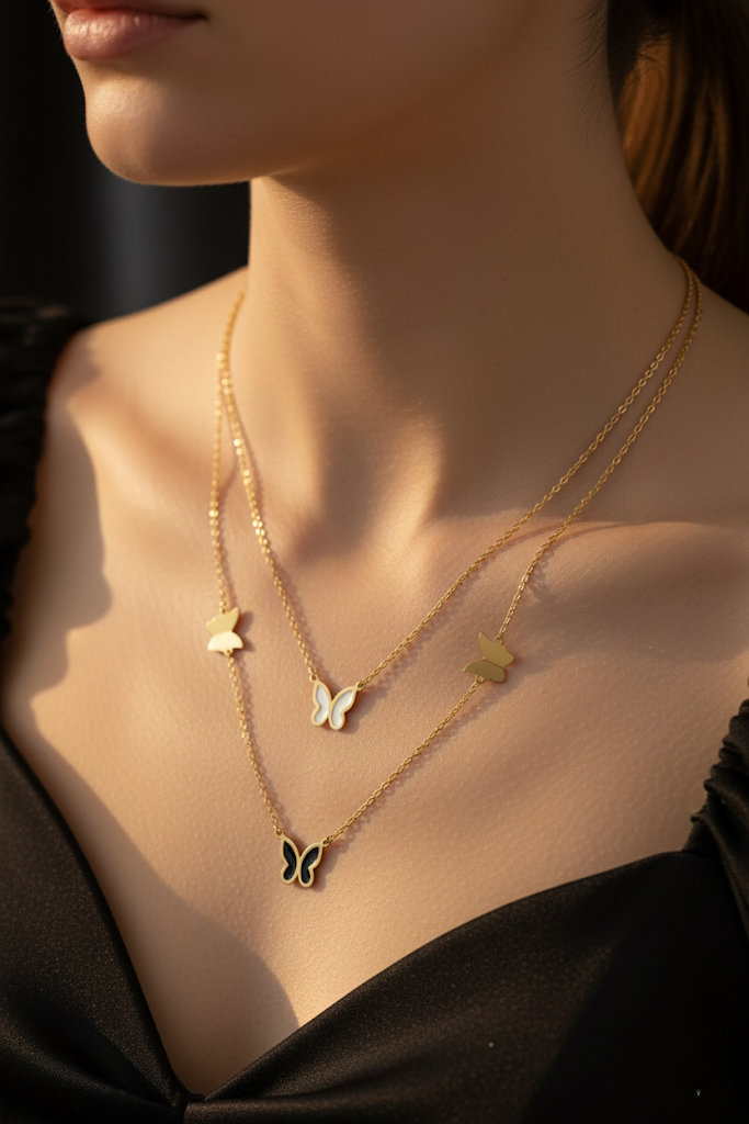 Stainless Steel Double-Layer Butterfly Charm Necklace – Gold