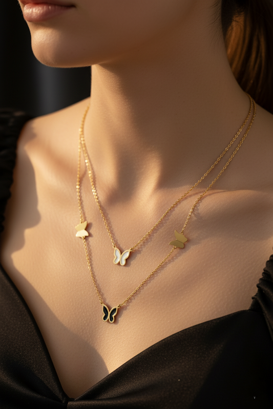Stainless Steel Double-Layer Butterfly Charm Necklace – Gold
