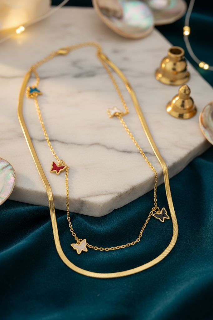 Stainless Steel Layered Butterfly Charm Necklace – Gold