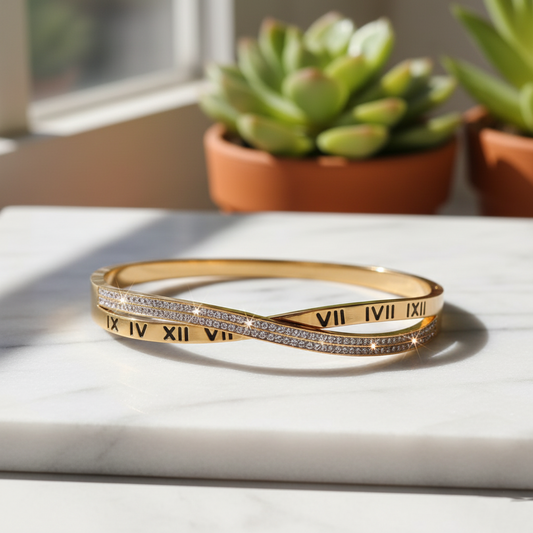 Stainless Steel Roman Numeral Crystal Bracelet – Gold