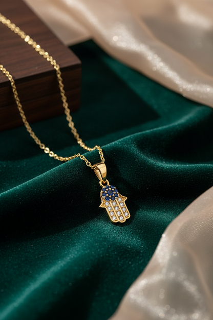 Stainless Steel Crystal Hamsa Hand Pendant Necklace – Gold