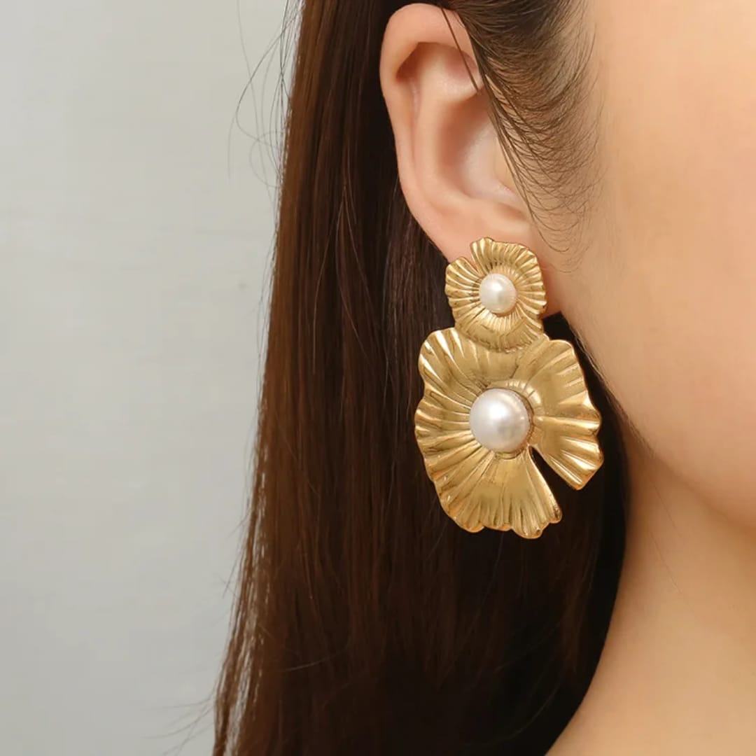 Gold-Plated Flower Earrings with Pearls
