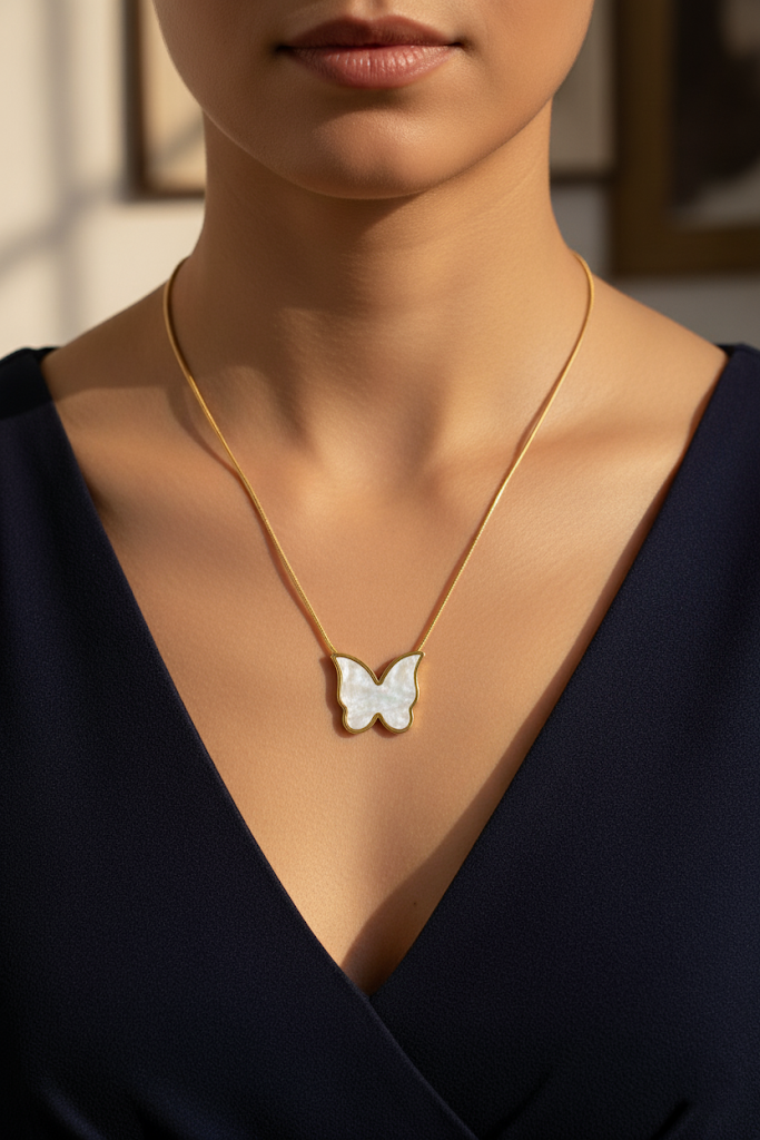 Stainless Steel Shell Butterfly Pendant Necklace – Gold