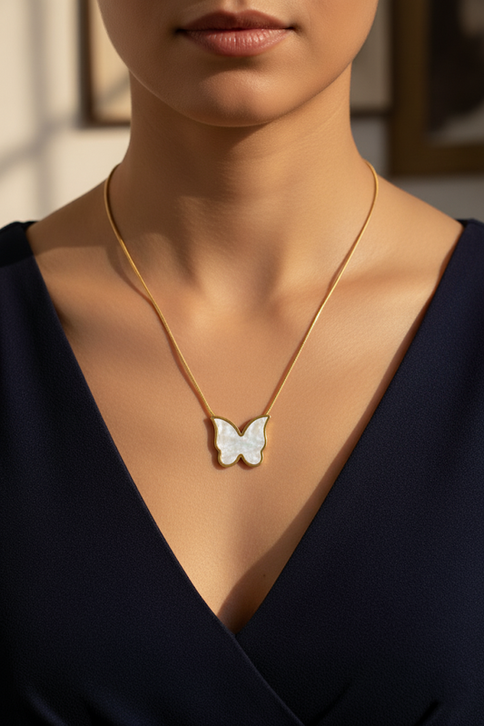 Stainless Steel Shell Butterfly Pendant Necklace – Gold
