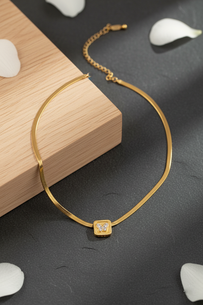 Stainless Steel Square Crystal Butterfly Pendant Necklace – Gold