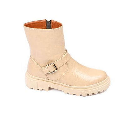 Faux Leather Chunky Buckle Boots – Beige