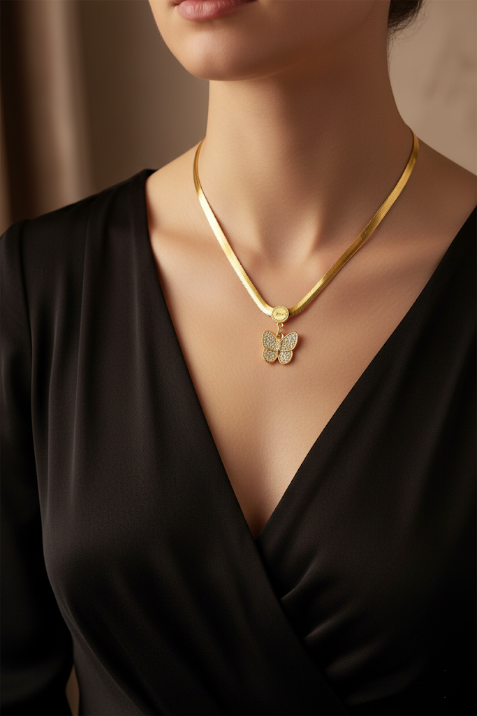 Stainless Steel Crystal Butterfly Pendant Necklace – Gold