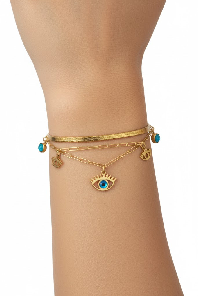Stainless Steel Layered Evil Eye Charm Bracelet – Gold
