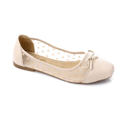 Faux Leather Mesh Polka Dot Ballet Flats – Beige