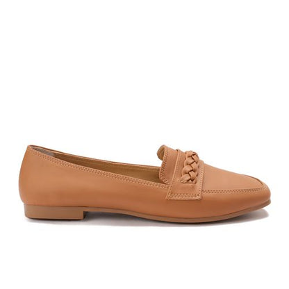 Faux Leather Loafers with Braided Strap - Tan