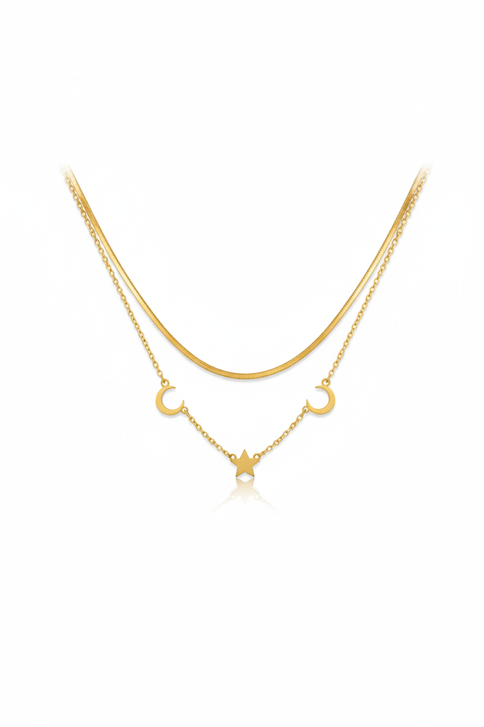 Stainless Steel Layered Crescent & Star Necklace – Gold