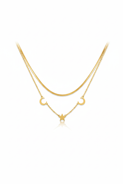 Stainless Steel Layered Crescent & Star Necklace – Gold