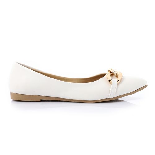Faux Leather Chain Detail Ballerina - White