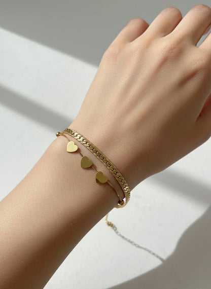 Stainless Steel Double Layer Bracelet with Small Hearts – Gold