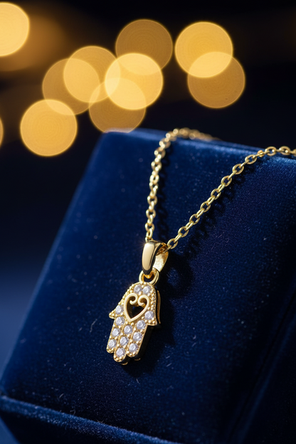 Stainless Steel Crystal Hamsa Hand Pendant Necklace – Gold